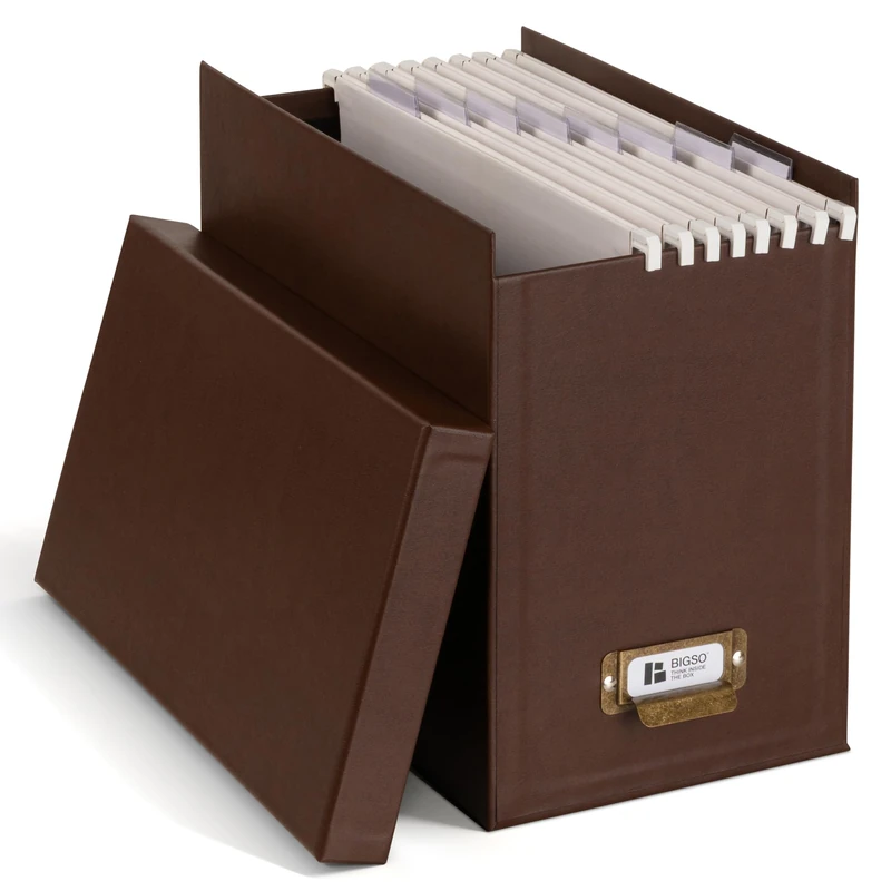 BIGSO JOHAN A4 Hanging File Box - Hanging File Box with Lid and Handle - Desk Tray for Hanging Files & Documents - Storage Box Made of Recycled Fibreboard and Paper - Recycled Leather