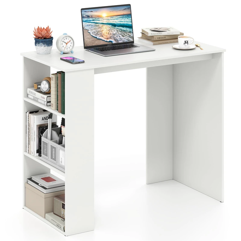 FANTASK Desk with Bookshelf, PC Table for Small Spaces, Modern Office Table, Small Computer Desk, Bedroom, Study and Office, 90 x 45 x 75 cm, White
