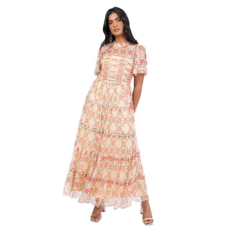 Anaya with Love Women's Midaxi Dress Ladies Recycled Short Sleeve High Neck Floral Sequin Embellished Tulle Tiered Frill Ruched A-line, Multi, 10