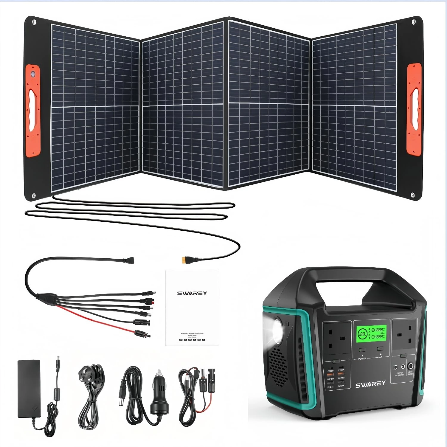 SWAREY Portable Power Station S1000 with 100W Solar Panel, Solar Generator 725Wh, 2x 1000W (1500W Surge) AC Outlets, 2x 65W USB-C PD Ports for Outdoors Camping Travel RV Home