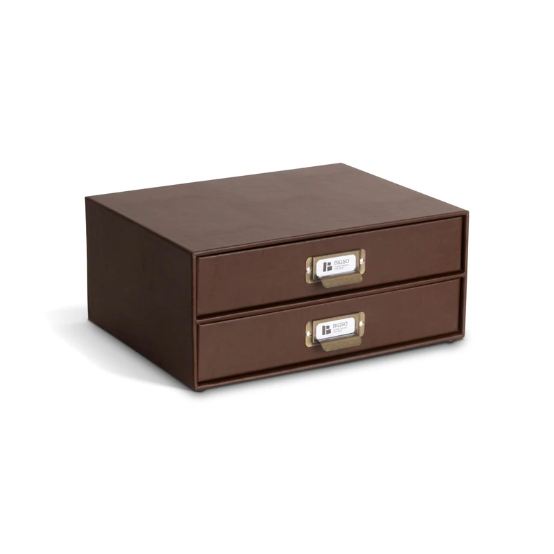 BIGSO BIRGER Drawer Box - Storage Box with 2 Drawers - Desk Shelf for Documents & Office Supplies - Storage System Made of Recycled Fibreboard and Paper - Recycled Leather