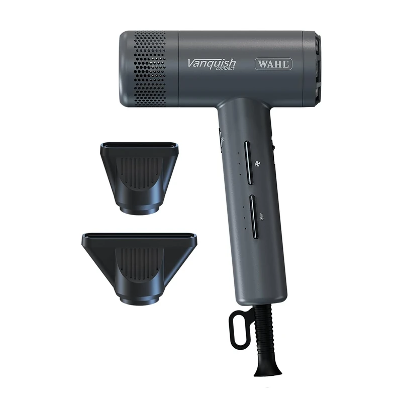 Vanquish Compact Grey Hair Dryer – Lightweight Professional Blow Dryer with High-Speed Digital Motor, 3 Heat & Speed Settings, Cool Shot, Auto-Clean Function & Nozzle Attachments