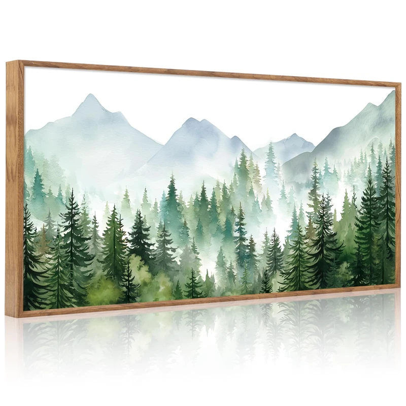 CHDITB Mountain Landscape Framed Canvas Wall Art(40"x20"), Boho Nature Forest Artwork Prints, Large Abstract Modern Green Pine Trees Art Decor for Bedroom Living Room Office