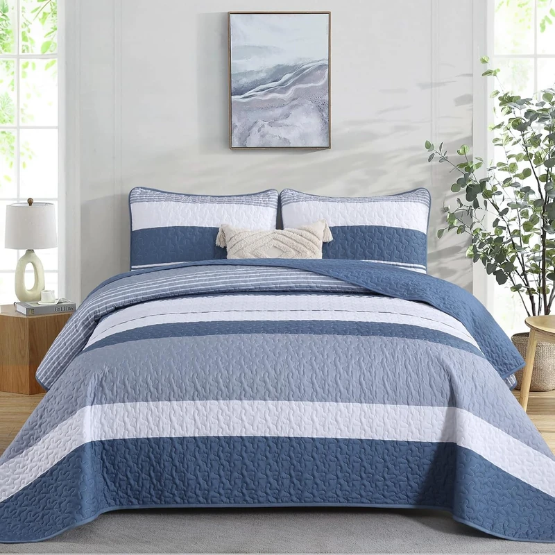 Dinjoy Boho Quilt Set Full Size,3 Pieces Mineral Blue Striped Bedspreads,Soft Microfiber Quilted Quilts Bedding Set with 2 Pillow Shams Lightweight Coverlet 78"x90" for Spring Summer Bed