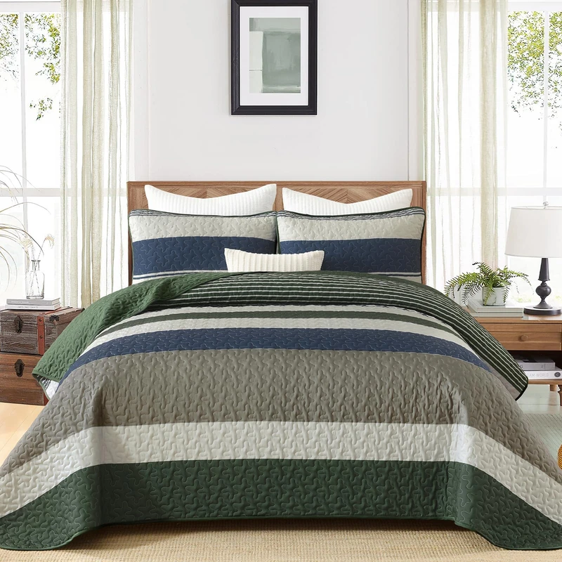 Dinjoy Boho Quilt King Size,Olive Green Striped Bedding Sets Blue Patchwork Bedspread, 3 Pieces Lightweight Micofiber Coverlet Sets with 2 Pillowshams for All Season (104"x90")