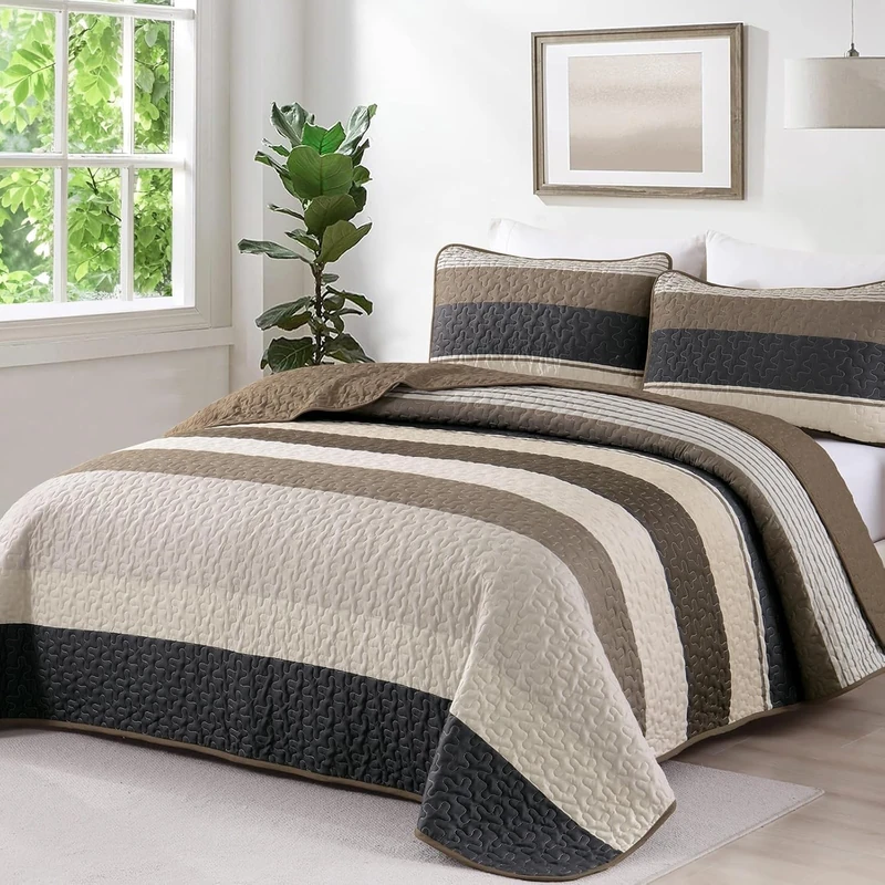 Dinjoy Boho Quilt Set Full Size,3 Pieces Light Brown Striped Bedspreads,Soft Microfiber Quilted Quilts Bedding Set with 2 Pillow Shams Lightweight Coverlet 78"x90" for Spring Summer Bed