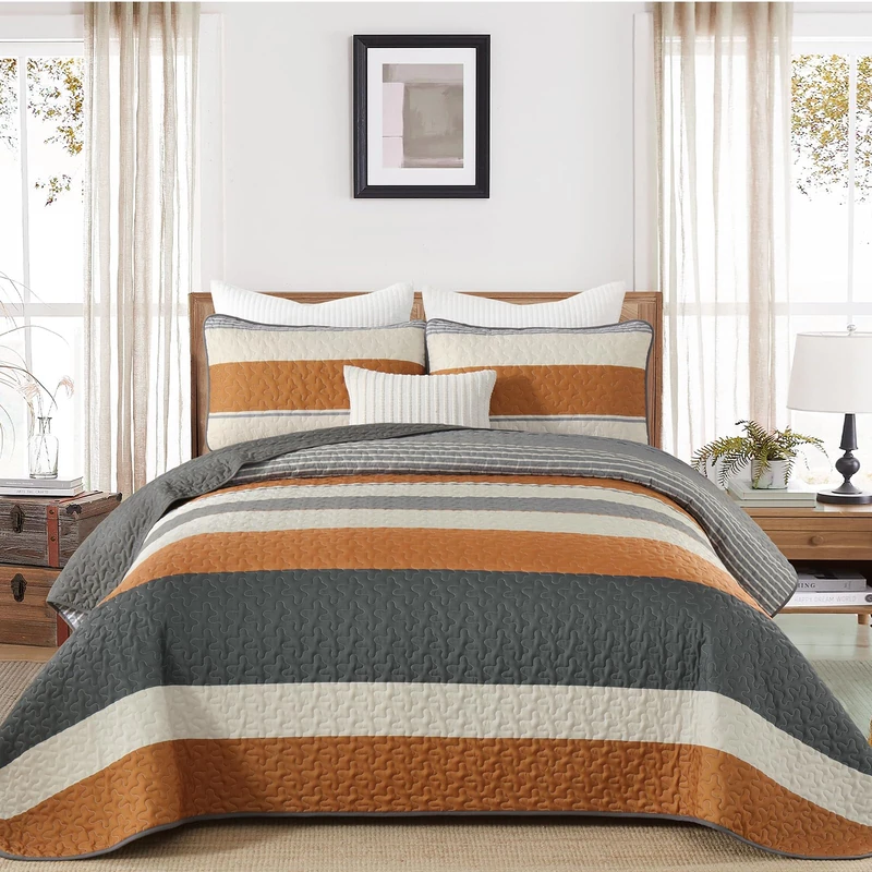 Dinjoy Boho Quil Queen Size,Orange Striped Bedding Sets Patchwork Grey Bedspread, 3 Pieces Lightweight Micofiber Coverlet Sets with 2 Pillowshams for All Season (96"x90")