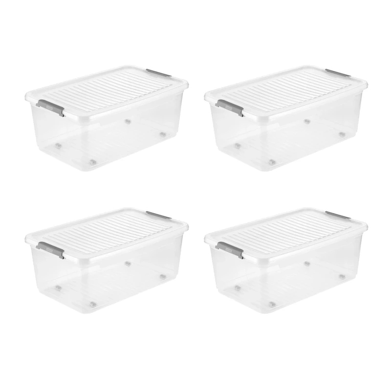 keeeper Leo 4 x Storage Box with Lid and Wheels, 37 L, 59 x 38 x 24 cm, Clip Box, Transparent