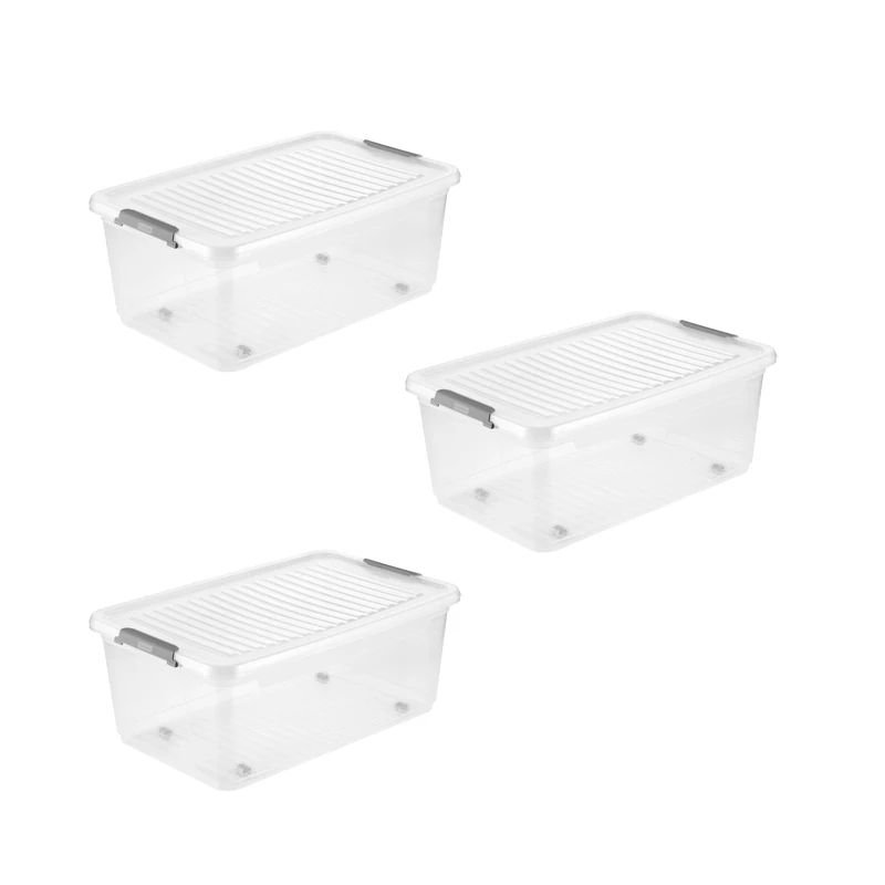 keeeper Leo 3 x Storage Box with Lid and Wheels, 37 L, 59 x 38 x 24 cm, Clip Box, Transparent