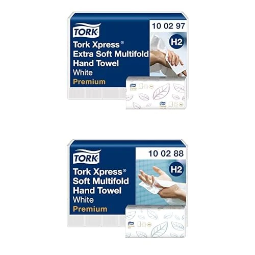 Tork Xpress Multifold Hand Towel 100297, H2, White - 21x 100 & Tork Xpress Soft Multifold Hand Towels Premium Mfold 100288, H2, High-Absorbency, Large, 2-Ply, White - 21 x 110 - Hand Towel Bundle