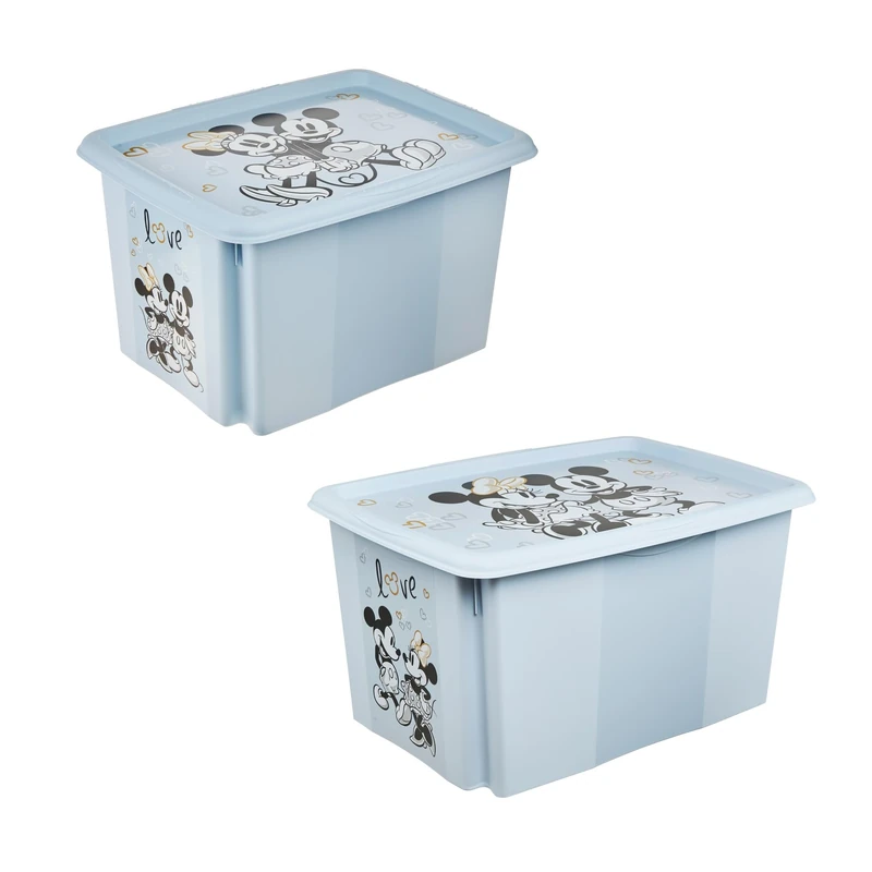 keeeper Karolina 2 x Mickey Storage Box with Lid, Rotating and Stackable, for Children, 30 L + 45 L, Cloudy Blue