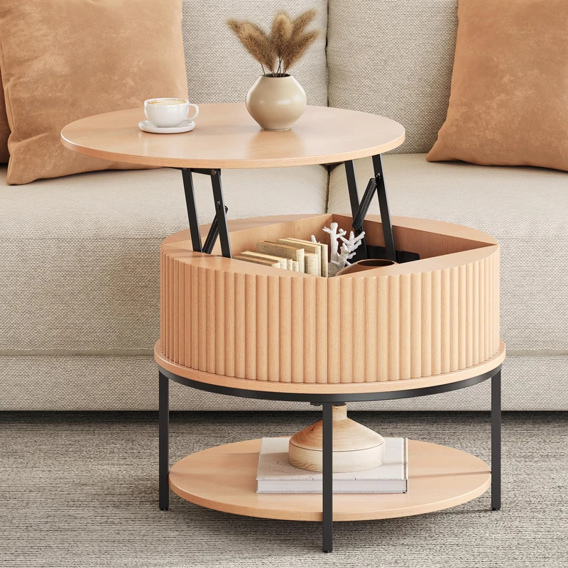 YITAHOME Lift Top Coffee Table, Round Coffee Table with Fluted Design and Hidden Storage, Centro Sofa End Tea Tables for Living Room, Wood Color