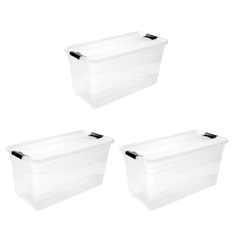 keeeper Cornelia 3 x Storage Boxes with Lid and Sliding Closure, 79.5 x 39.5 x 40 cm, 83 L, Transparent