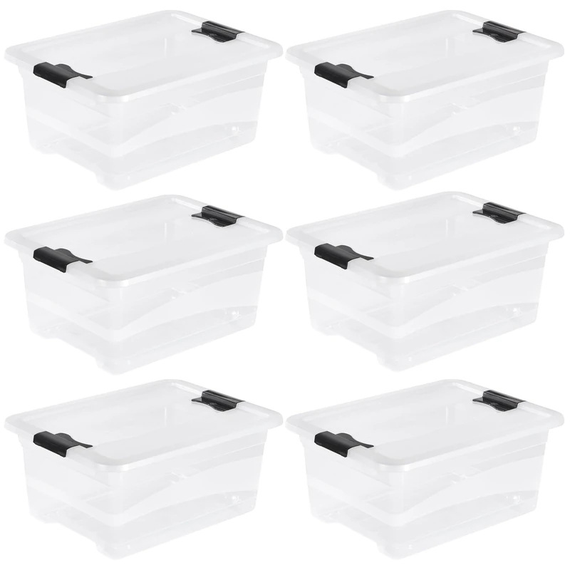 keeeper Cornelia 6 x Storage Boxes with Lid and Sliding Closure, 39.5 x 29.5 x 17.5 cm, 12 L, Transparent
