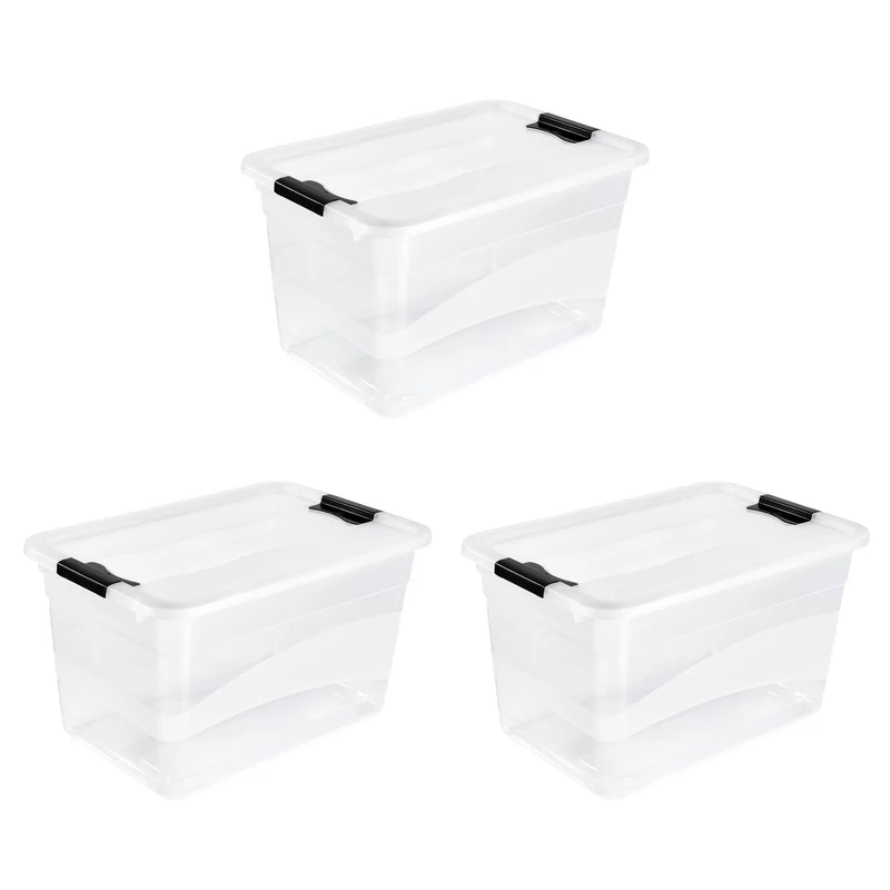 keeeper Cornelia 3 x Storage Boxes with Lid and Sliding Closure, 59.5 x 39.5 x 34 cm, 52 L, Transparent