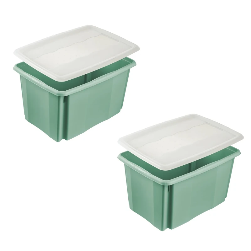 keeeper emil 2 x Storage Box with Turning/Stacking System with Lid Emilia 45 L Nordic Green