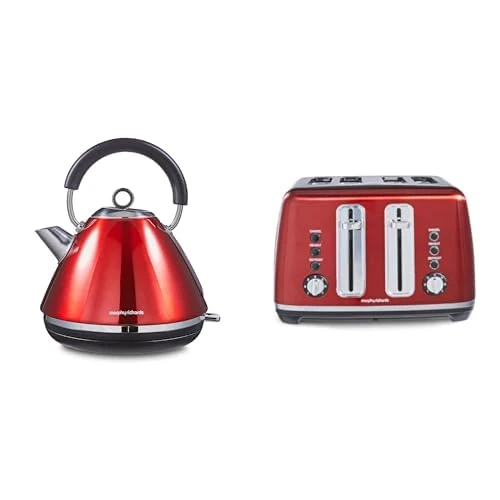Morphy Richards Accents Kettle & Toaster Bundle, 1.5L, 3KW Rapid Boil Pyramid Kettle & 4 Slice Toaster Set, Easy Operation, User Friendly, Stylish Retro Design, Matching Set, Red, 102048 | 242048