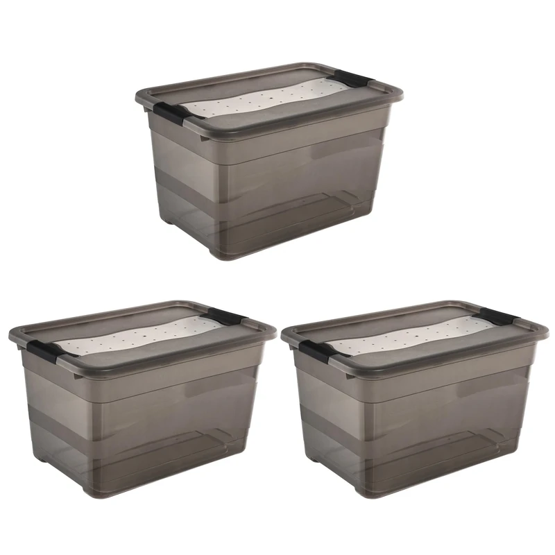 keeeper Cornelia 3 x Storage Boxes with Lid and Sliding Closure, 59.5 x 39.5 x 34 cm, 52 L, Crystal Grey