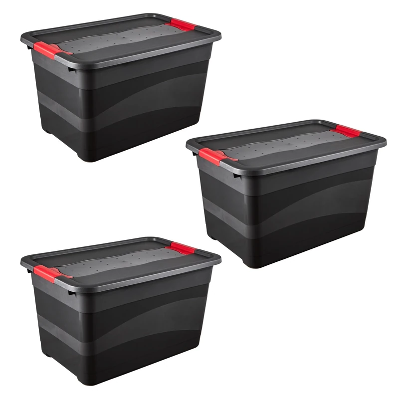 keeeper eckhart 3 x Transport Containers with Lid and Sliding Closure, Extra Sturdy, 59.5 x 39.5 x 34 cm, 52 L, Graphite Grey
