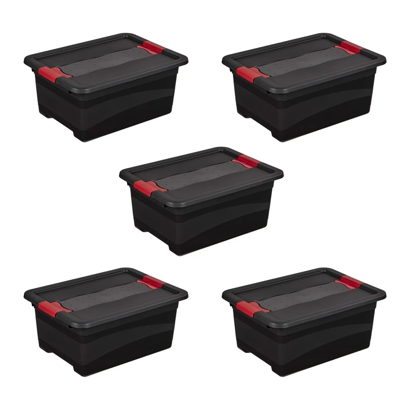 keeeper eckhart 5 x Transport Containers with Lid and Sliding Closure, Extra Sturdy, 39.5 x 29.5 x 17.5 cm, 12 L, Graphite Grey