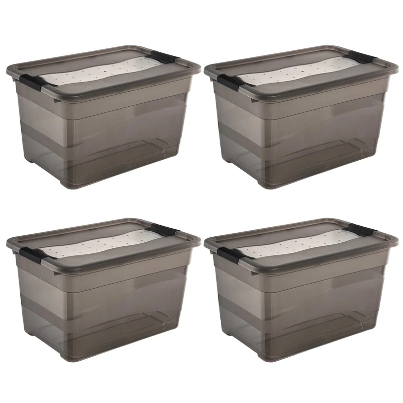 keeeper Cornelia 4 x Storage Boxes with Lid and Sliding Closure, 59.5 x 39.5 x 34 cm, 52 L, Crystal Grey