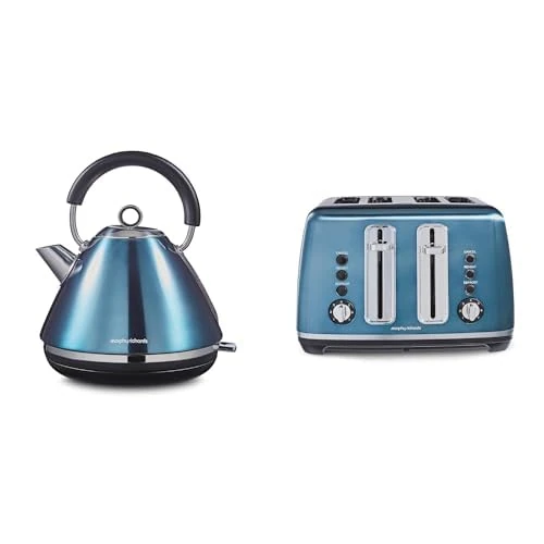 Morphy Richards Accents Kettle & Toaster Bundle, 1.5L, 3KW Rapid Boil Pyramid Kettle & 4 Slice Toaster Set, Easy Operation, User Friendly, Stylish Retro Design, Matching Set, Blue, 102049 | 242049