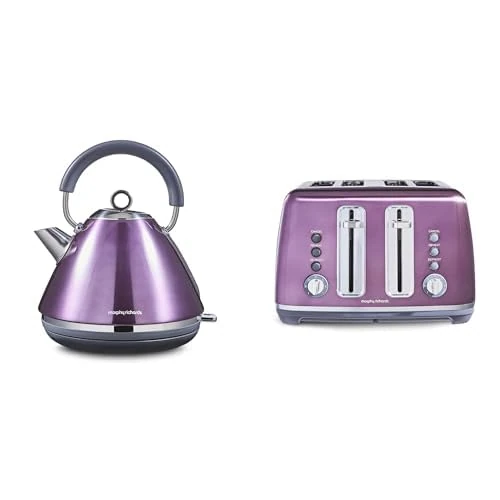 Morphy Richards Accents Kettle & Toaster Bundle, 1.5L, 3KW Rapid Boil Pyramid Kettle & 4 Slice Toaster Set, Easy Operation, User Friendly, Stylish Retro Design, Matching Set, Purple, 102050 | 242050