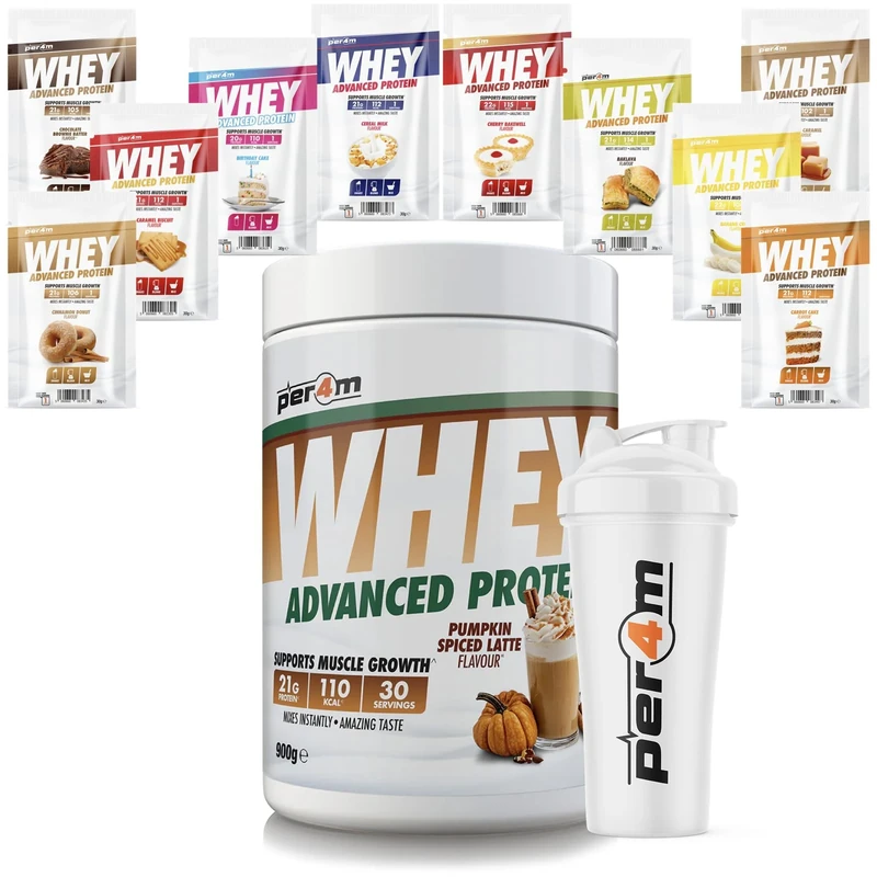 Per4m Whey Protein Shake Powder, Shaker and Sachets | Low Sugar Gluten Free | with 5 Mixed Flavour Sachets & Shaker (900g, Pumpkin Spiced Latte)