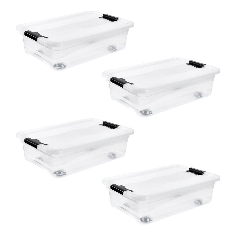 keeeper Konrad 4 x Storage Box with Wheels, Lid and Sliding Closure, 59.5 x 39.5 x 18 cm, 28 L, Transparent