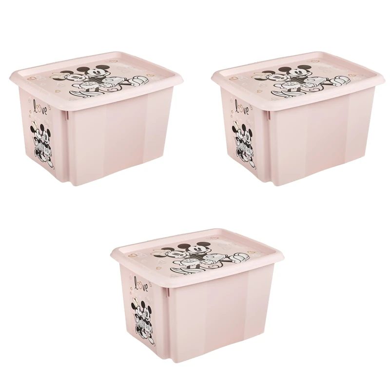 keeeper Karolina 3 x Minnie Storage Box with Lid, Rotating and Stackable, for Children, 30 L, Nordic Pink
