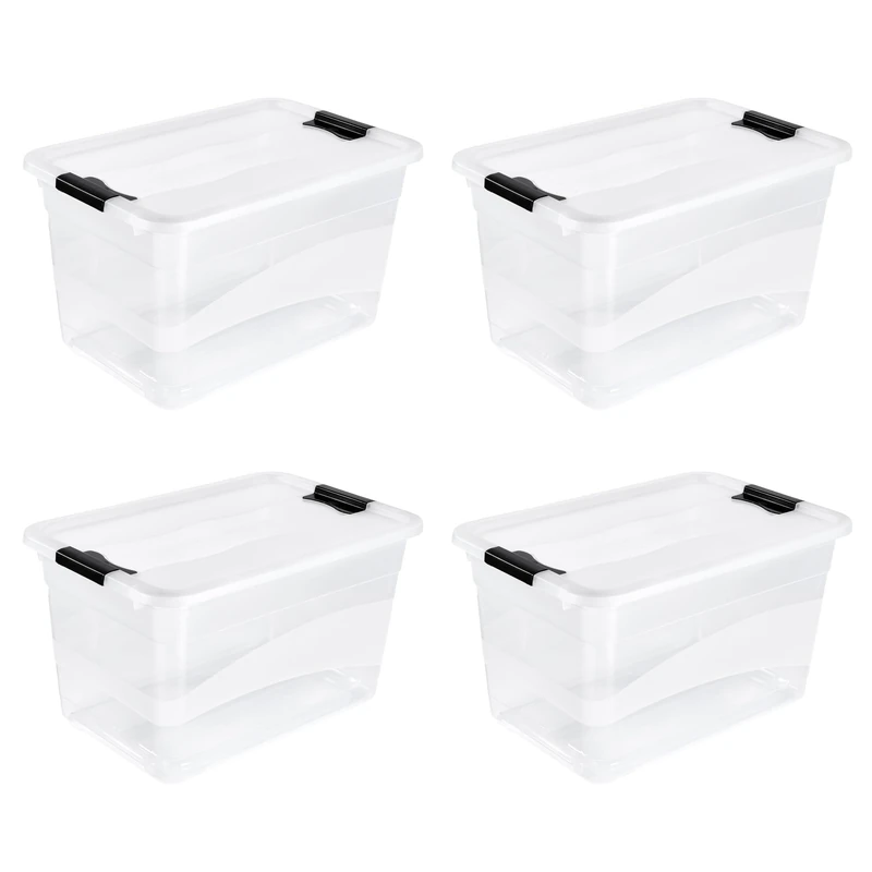 keeeper Cornelia 4 x Storage Boxes with Lid and Sliding Closure, 59.5 x 39.5 x 34 cm, 52 L, Transparent