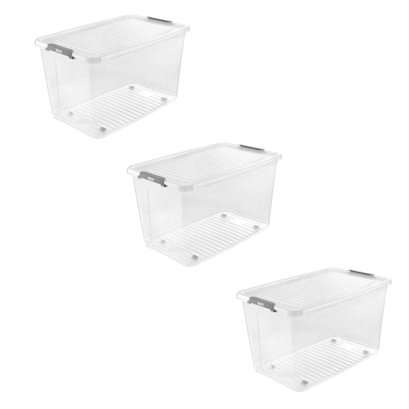 keeeper leo 3 x Storage Box with Lid and Wheels, 56 L, 59 x 38 x 35.5 cm, Clip Box, Transparent