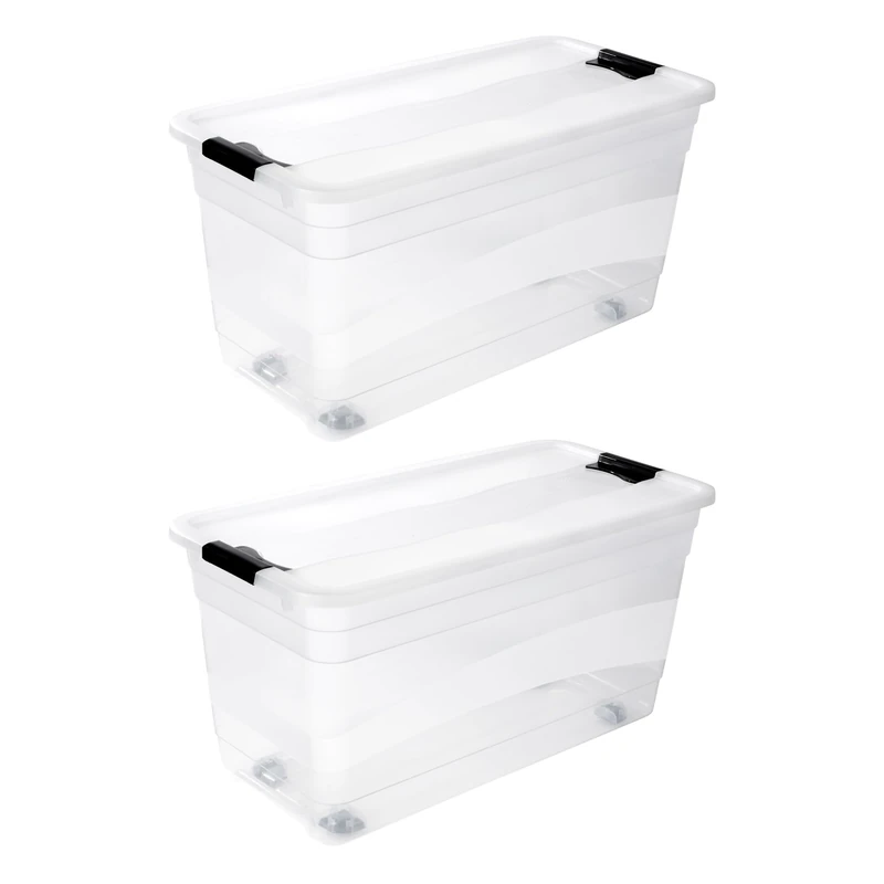 keeeper konrad 2 x Storage Box with Wheels, Lid and Sliding Closure, 79.5 x 39.5 x 41 cm, 83 L, Transparent