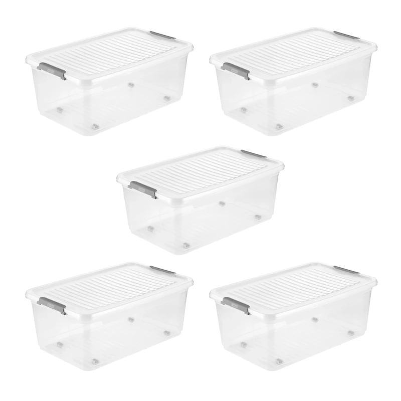 keeeper leo 5 x Storage Box with Lid and Wheels, 37 L, 59 x 38 x 24 cm, Clip Box, Transparent