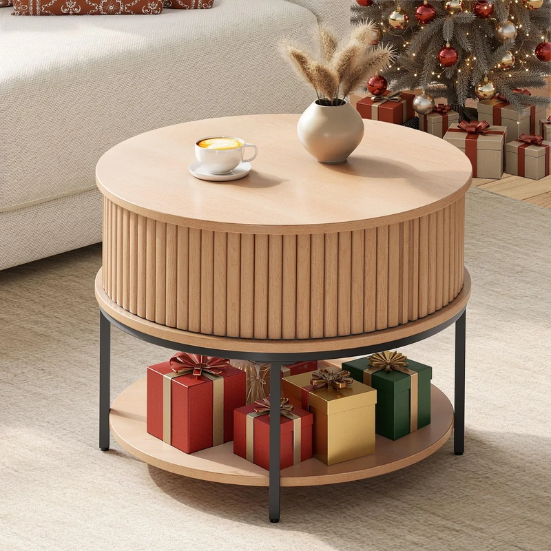 YITAHOME Round Coffee Table, Coffee Table with 2-Tier Storage Space, Fluted Coffee Tables with Tambour-Design Sliding Doors for Living Room, Wooden Accent Center Table, Wood Color