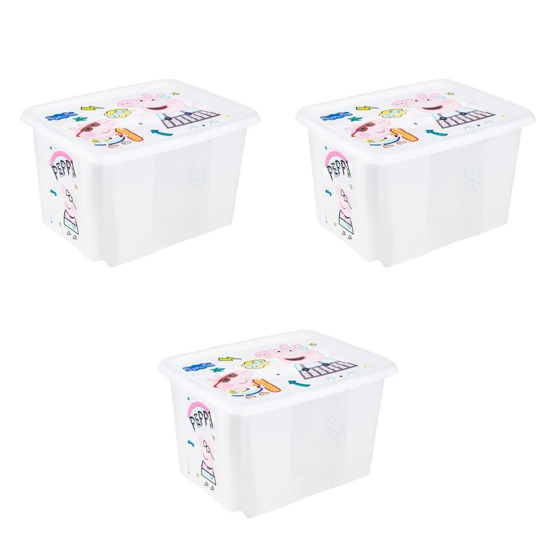 keeeper Karolina 3 x Peppa Pig Storage Box with Lid, Rotatable and Stackable, for Kids, 30 Litres, Transparent