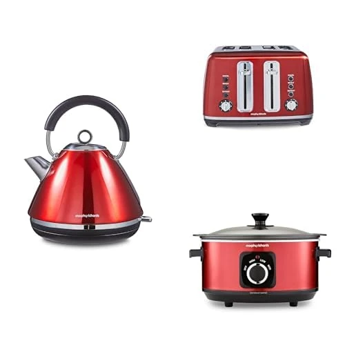 Morphy Richards Accents Kitchen Bundle, 1.5L, 3KW Rapid Boil Pyramid Kettle, 4 Slice Toaster & Slow Cooker 3.5L, Easy Operation, Stylish Retro Design, Matching Set, Red, 102048 | 242048 | 460026