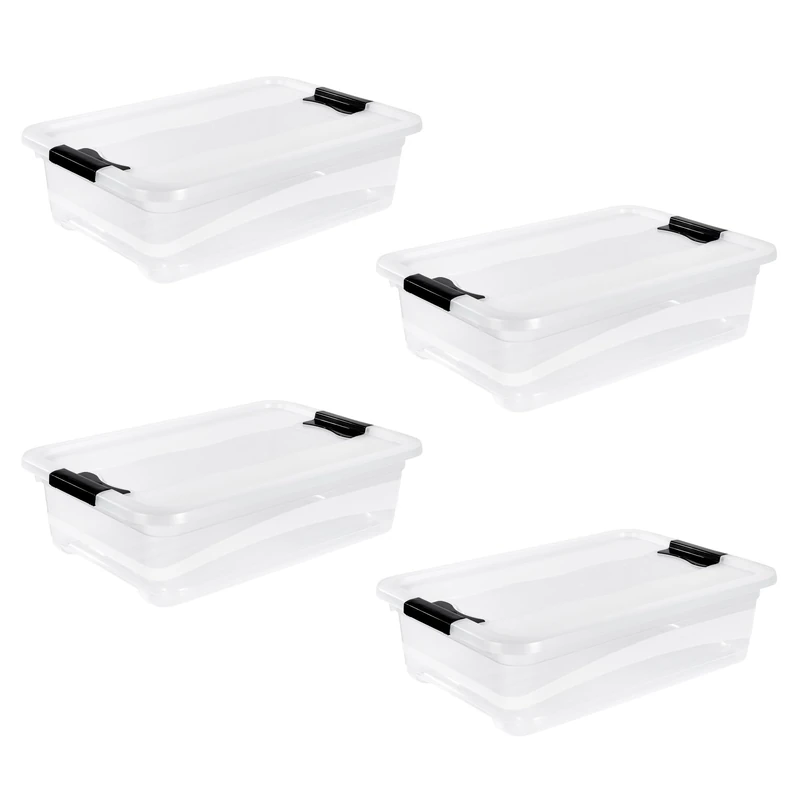 keeeper Cornelia 4 x Storage Boxes with Lid and Sliding Closure, 59.5 x 39.5 x 17 cm, 28 L, Transparent