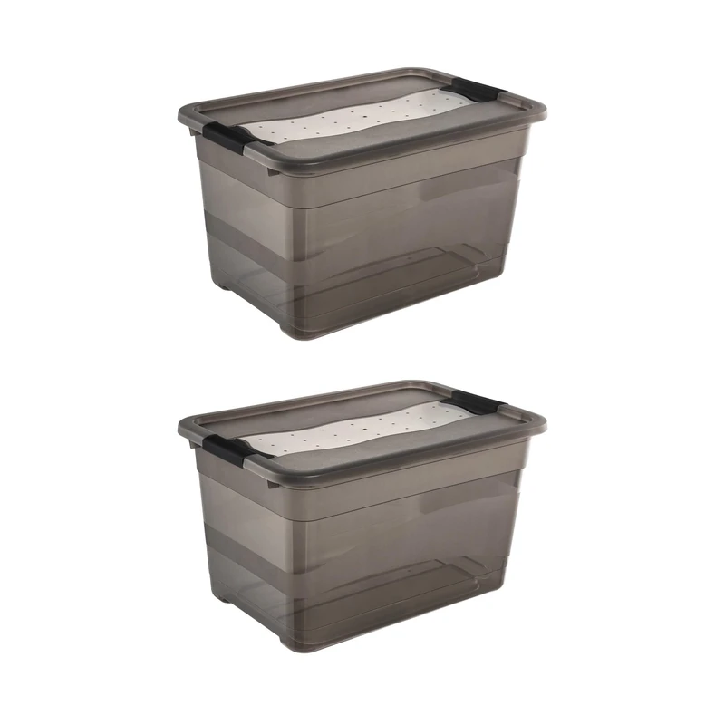 keeeper Cornelia 2 x Storage Box with Lid and Sliding Closure, 59.5 x 39.5 x 34 cm, 52 L, Crystal Grey
