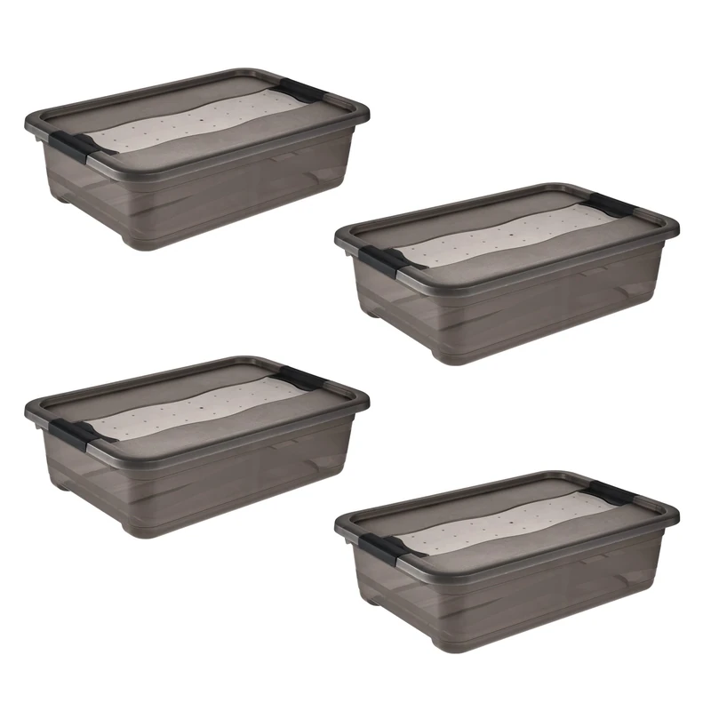keeeper Cornelia 4 x Storage Boxes with Lid and Sliding Closure, 59.5 x 39.5 x 17 cm, 28 L, Crystal Grey
