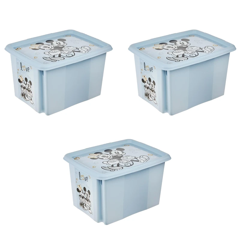 keeeper Karolina 3 x Mickey Storage Box with Lid, Rotating and Stackable, for Children, 30 L, Cloudy Blue