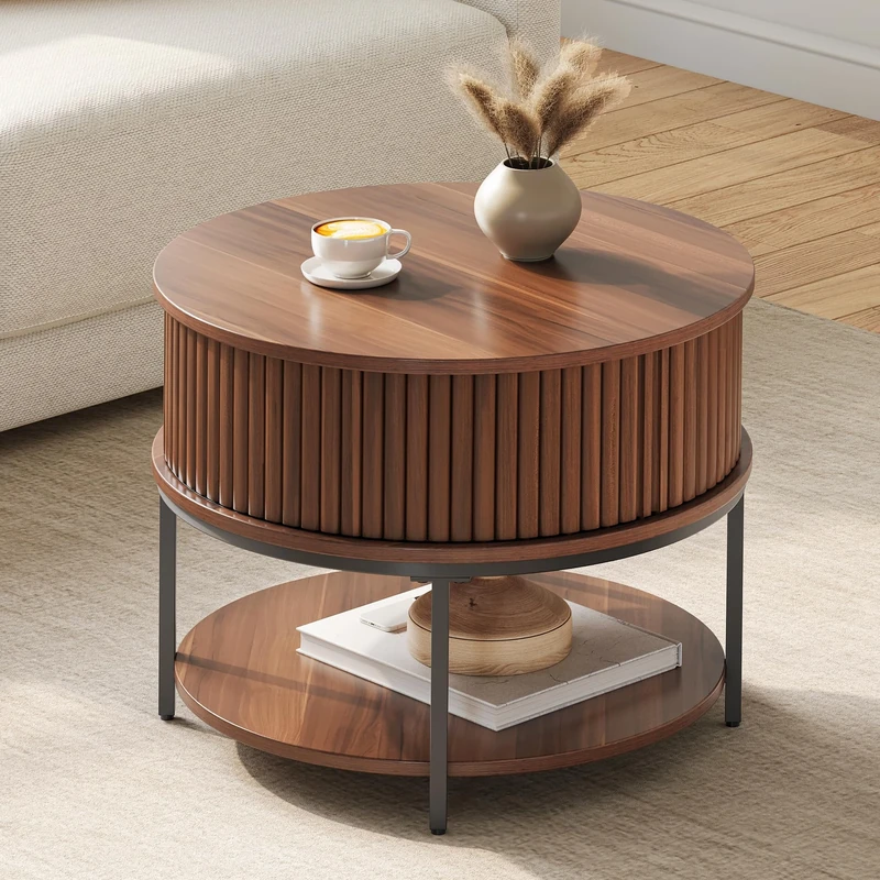 YITAHOME Round Coffee Table, Coffee Table with 2-Tier Storage Space, Fluted Coffees Table with Tambour-Design Sliding Doors for Living Room, Wooden Accent Center Table, Walnut Color