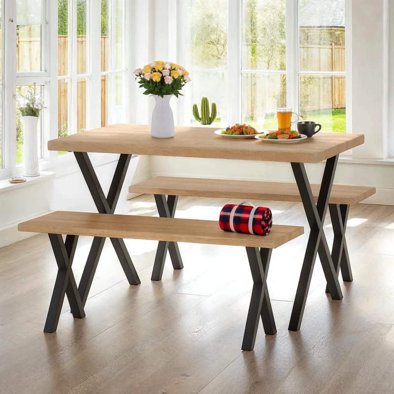 Seconique Buxton Dining Bench Set In Light Oak Effect/Black