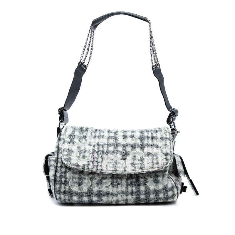 Pre-Loved Tweed Camellia Chain Flap Shoulder Bag
