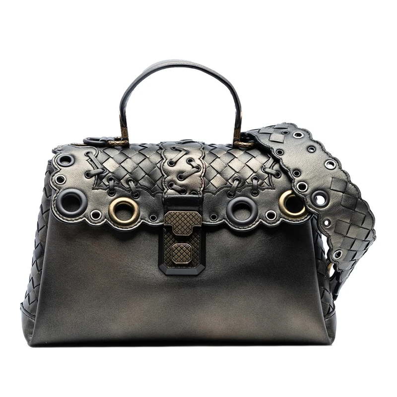 Bottega Veneta Pre-Loved Small Intrecciato Trimmed Metallic Nappa Grommet Piazza Satchel Handbag