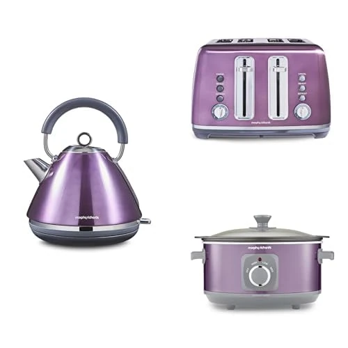 Morphy Richards Accents Kitchen Bundle, 1.5L, 3KW Rapid Boil Pyramid Kettle, 4 Slice Toaster & Slow Cooker 3.5L, Easy Operation, Stylish Retro Design, Matching Set, Purple, 102050 | 242050 | 460024