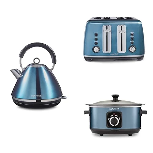 Morphy Richards Accents Kitchen Bundle, 1.5L, 3KW Rapid Boil Pyramid Kettle, 4 Slice Toaster & Slow Cooker 3.5L, Easy Operation, Stylish Retro Design, Matching Set, Blue, 102049 | 242049 | 460023