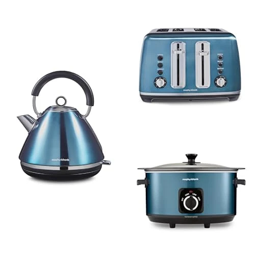 Morphy Richards Accents Kitchen Bundle, 1.5L, 3KW Rapid Boil Pyramid Kettle, 4 Slice Toaster & Slow Cooker 6.5L, Easy Operation, Stylish Retro Design, Matching Set, Blue, 102049 | 242049 | 461023
