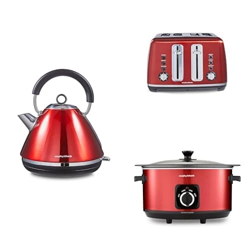 Morphy Richards Accents Kitchen Bundle, 1.5L, 3KW Rapid Boil Pyramid Kettle, 4 Slice Toaster & Slow Cooker 6.5L, Easy Operation, Stylish Retro Design, Matching Set, Red, 102048 | 242048 | 461026