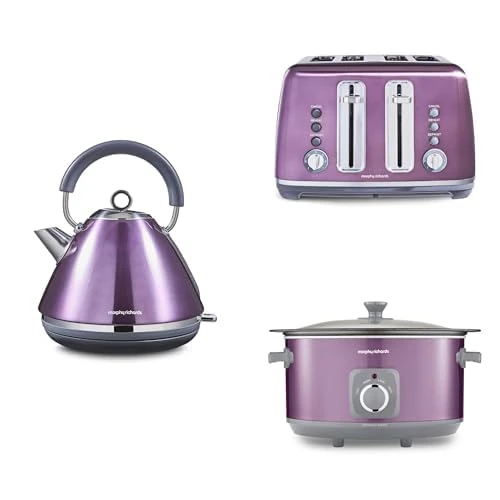 Morphy Richards Accents Kitchen Bundle, 1.5L, 3KW Rapid Boil Pyramid Kettle, 4 Slice Toaster & Slow Cooker 6.5L, Easy Operation, Stylish Retro Design, Matching Set, Purple, 102050 | 242050 | 461024